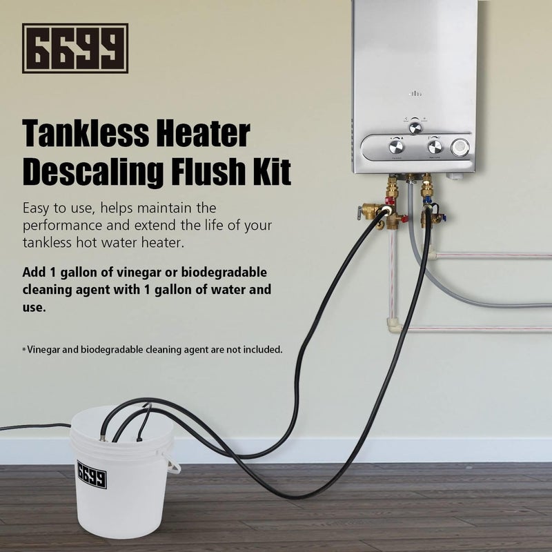 6699 Tankless Water Heater Descaling Flush Kit Includes Submersible Utility Pump with Adapters 3 Gallons Pail with Bucket Lid Opener and Two 3/4" GHT X 6FT PVC Black Hoses Easy Installation to Clean - Image 2